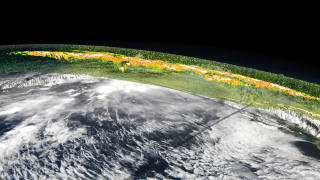 The curtain of CALIPSO data is shown above an image of MODIS reflectance which is mapped onto the terrain.