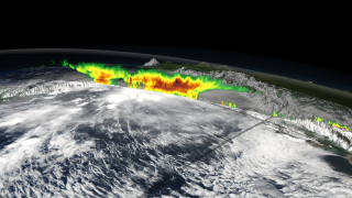  The curtain of CloudSat data is shown above an image of MODIS reflectance which is mapped onto the terrain.