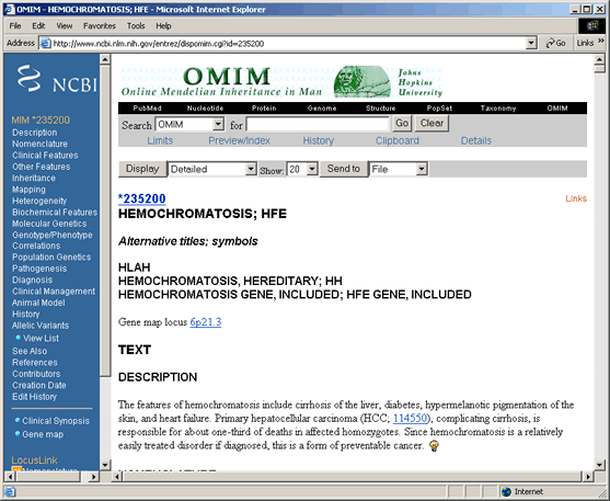 HFE Entry in OMIM