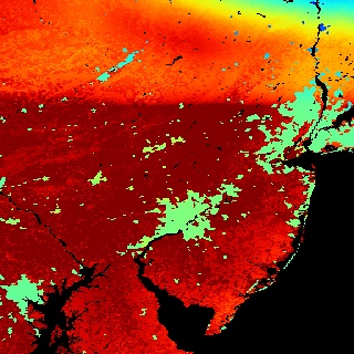 This image shows latent heat flux (watts per
square meter) predicted by LIS for 2001/06/11. The urban areas
stand out very distinctly against their surroundings, which have
more evaporation and therefore greater latent heat
flux.