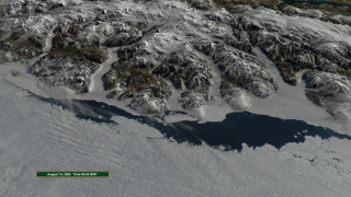 Animation zooms to view the ice shelf as seen from the northwest coastline and sequences through the satellite images showing the ice shelf breakup. An  overlay shows the date and time, the region of interest and the area of the ice shelf broken.