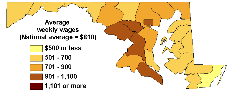 Map of Average Weekly Wages in Maryland