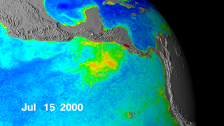 This animation shows the dates the data was collected as it displays nearly a decade's worth of data taken by the SeaWiFS instrument, showing the abundance of life in the sea in and around the Costa Rica Dome. Dark blue represents warmer areas where there is little life due to lack of nutrients, and greens and reds represent cooler nutrient-rich areas.