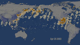 April 25, 2003
With heavy concentrations of aerosols represented by shades of brown, scientists can track the origins and distribution of the particles as they travel in the atmosphere. 