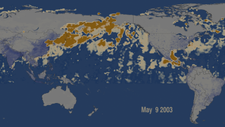 This movie shows a three day moving average of anthropogenic aerosols over the Pacific in 2003.  Human population is shown in blue/purple.  On May 9, 2003 a heavy pollution plume is being transported over the Pacific from Asia to North America.