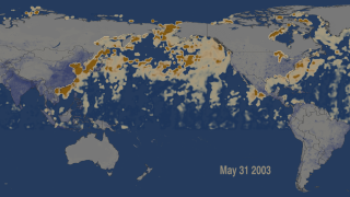 May 31, 2003
 The MODIS instrument on NASA’s Terra satellite has been tracking the particulate pollution for more than seven years, gathering data as most of it drifted east across the Pacific Ocean. About 4.5 teragrams of particulate pollution each year could reach the western boundary of North America, which is about 15% of local emissions of particulate pollutants from the U.S. and Canada.  	