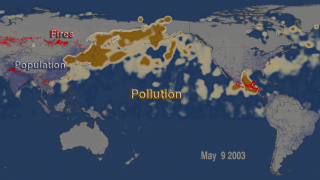 In this picture, heavy aerosol concentrations appear in shades of brown, with darker shades representing greater concentrations. Areas of purple on the land surface represent human population. Notice how heavy aerosol production and dense population areas correspond. Also notice how there are dense patches of red points in East Asia. These correspond with intense forest fires, sending vast quantities of aerosols into the atmosphere. Although this image gives the impression that the fires and plumes of aerosols may not be connected, in fact they are. There’s a direct relationship between those fire point and the brown patches appearing to the East.