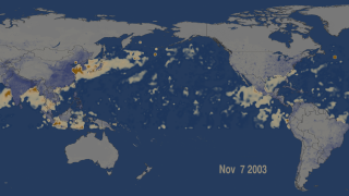 Nov 7, 2003
Areas in purple on the land surface represent human population. Notice how heavy aerosol production and dense population areas correspond.