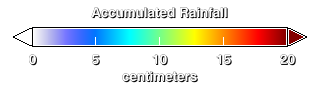 Color scale for accumulated rainfall. Values
above 20cm are shown as dark red. Values below 5cm are
increasingly transparent to allow a background image to show
through.