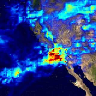 This animation shows accumulated rainfall from
2005-01-06 through 2005-01-11. Each frame covers a three-hour
period. Each image pixel is 0.25 degrees on a side; the total
area covered is 20x20 degrees in longitude and latitude (80x80
pixels).