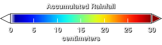 Color scale for accumulated rainfall map, ranging from deep blue (less than 5cm) up to deep red (30cm or more).