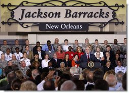 President George W. Bush gestures as he addresses his remarks Wednesday, Aug. 20, 2008 at the historic Jackson Barracks in New Orleans, on the recovery of the Gulf Coast region three years after Hurricane Katrina. President Bush said, "I think the message here today is hope is being restored. Hope is coming back." White House photo by Eric Draper