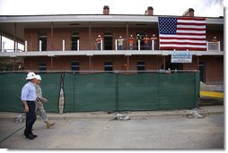 President George W. Bush is given a tour Wednesday, Aug. 20, 2008 of the historic Jackson Barracks of New Orleans, headquarters of the Louisiana National Guard. The barracks were seriously damaged in 2005 by Hurricane Katrina. White House photo by Eric Draper