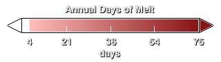 Color bar showing days of melt during the season.  Regions of three or fewer days is not colored.  Regions of more than 75 days of melt are shown as the darkest red.