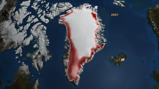 This animation shows the change in annual melt over Greenland for each year from 1979 through 2007.
The color depicts the number of melt days during the season.