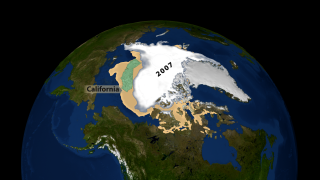 This animation shows a comparison between the 2005 and 2007 minimum sea ice extent.  The state of California, shown in green, is compared to the area of melted region.