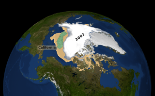 This image shows a comparison between the minimum sea ice from 2005, shown in orange, and the 2007 mimimum sea ice from September 14, shown in white.  An area the size of California, shown in green, is overlain on the melt region.