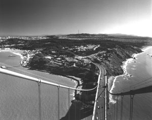 San Francisco's Presidio viewed from the top of the Golden Gate Bridge.