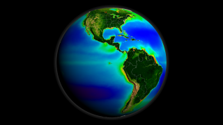 A print resolution picture of SeaWiFS global biosphere decadal average over the Americas.