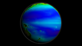 A print resolution picture of SeaWiFS global biosphere decadal average over the Pacific Ocean.