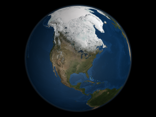 This image presents a global view over North America with Arctic sea ice shown on April 8, 2006. Land areas display the average seasonal landcover from April, 2004.