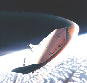 X-38 aircraft in outer space with the earth far off in the background