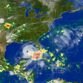 GOES-12 infrared imagery over TRMM rainfall accumulation for Hurricane Katrina, from August 23, 2005 to August 30, 2005.