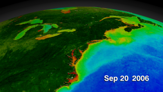This animation begins with a wide shot of the United States and zooms down to the Northeastern seaboard of the United States while cycling through nearly ten years of SeaWiFS biosphere data.  This animation is annotated with corresponding dates.