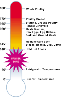 link to text version of thermometer showing danger zone between 40 and 140 degrees, and cooking temperatures