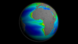A print resolution picture of SeaWiFS ocean chlorophyll concentration decadal average over Africa and Europe.
