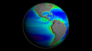 A print resolution picture of SeaWiFS ocean chlorophyll concentration decadal average over the Americas.