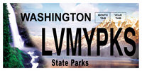 Graphic of license plate showing Eastern and Western Washington state parks in a dramatic, blended photo image that features landscapes of Wallace Falls, Lake Wenatchee and the Palouse