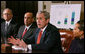 President George W. Bush addresses his remarks to members of the media during a meeting with small business owners, health insurance providers and recently insured individuals on Health Savings Accounts, Monday, April 2, 2007, in the Roosevelt Room at the White House. A report released Monday shows the number of individuals covered by Health Savings Accounts has increased 43 percent over the last year.  White House photo by Joyce N. Boghosian