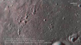 Anaglyphic 3D imagery. Close-up stereo imagery of the lunar surface surrounding crater Krieger, with captions and scale bar. Stereoscopic imagery is provided for the left and right eye. Red/Cyan stereo glasses are required to view it properly.<img src='/images/stereoicon.png'>