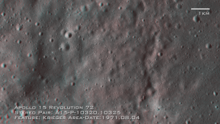 Anaglyphic 3D imagery. Close-up stereo imagery of the lunar surface surrounding crater Krieger, with captions and scale bar. Stereoscopic imagery is provided for the left and right eye. Red/Cyan stereo glasses are required to view it properly.<img src='/images/stereoicon.png'>