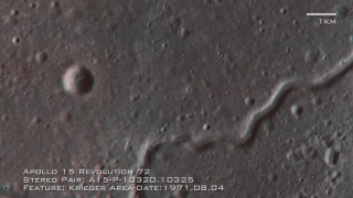 Anaglyphic 3D imagery. Close-up stereo imagery of the lunar surface surrounding crater Krieger, with captions and scale bar. Red/Cyan stereo glasses are required to view it properly.<img src='/images/stereoicon.png'>