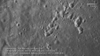 Close-up stereo imagery of the lunar surface surrounding crater Krieger, with captions and scale bar. Stereoscopic imagery is provided for the left and right eye.