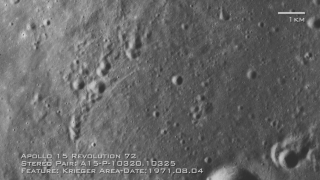 Close-up stereo imagery of the lunar surface surrounding crater Krieger, with captions and scale bar. Stereoscopic imagery is provided for the left and right eye.