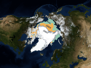 This image compares the 2007 annual Arctic minimum sea ice from 09/14/2007 with the 2005 minimum sea ice from 09/21/2005 (shown in orage). The average minimum sea ice from 1979 through 2007 is shown in green.