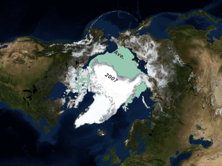 This image compares the 2007 annual Arctic minimum sea ice from 09/14/2007 with the average minimum sea ice from 1979 through 2007 (shown in green). 