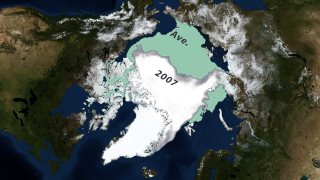 This animation compares the 2005 annual Arctic minimum sea ice from 09/21/2005 (shown in orange) with the 2007 minimum sea ice from 09/14/2007. The average minimum sea ice from 1979 through 2007 is shown in green.