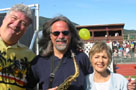 Senator Boxer with Marc Russo of the Doobie Brothers and Michael Pritchard, 
            a comedian and youth advocate during the Marin Special Olympics.