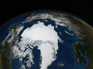 This image shows the previous record minimum sea ice which occurred on September 21, 2005.