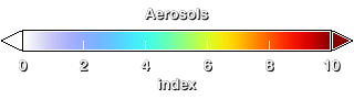 Color scale for this animation showing low aerosol values as shades of blue and green and higher values as yellow, orange or red. The units of aerosol index are dimensionless.