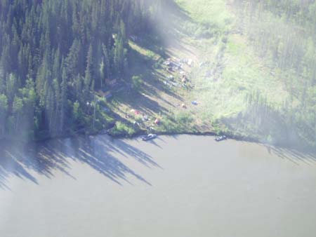 Aerial view of USGS camp at Frisco mining camp near mouth of Stewart River.