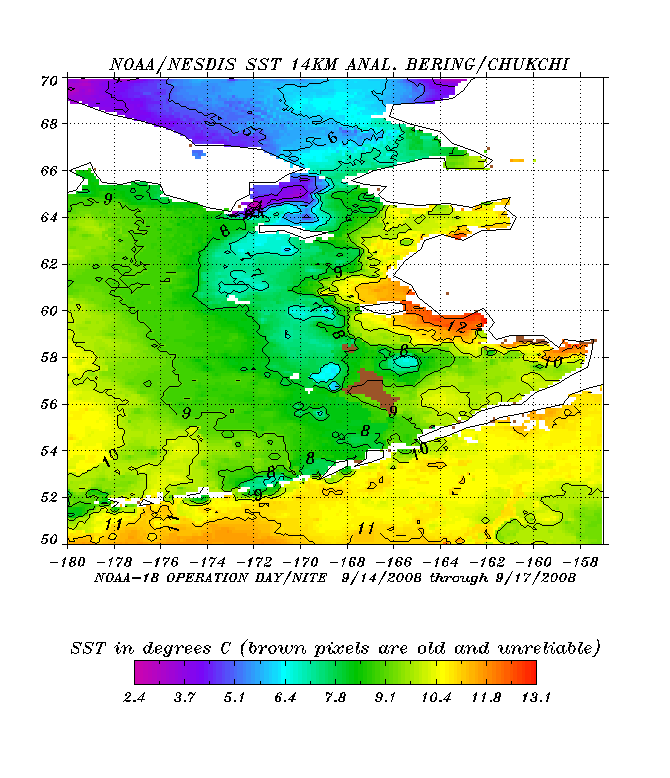 Sea surface temperature at 14km analysis of the Bering and Chukchi Seas