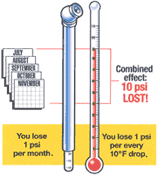 A tire gauge; You lose 1 psi per month; You lose 1 psi per every 10 degree F drop.