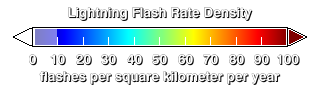 This color scale for the lighting flash rate density image ranges from deep blue (less than 10 flashes per square kilometer per year) through deep red (more than 100 flashes per square
kilometer per year).
