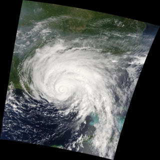 July 10, 2005 16:15 (UTC)
With winds of 217 kilometers per hour (135 mph), Hurricane Dennis was a powerful Category 4 storm just hours away from making landfall. At the time this image was taken, the eye of the storm was about 90 kilometers (55 miles) south, southeast of Pensacola, Florida, and the storm was moving northwest at about 29 kilometers per hour (18 mph).
