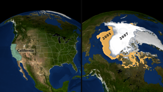 This animation shows a two zooms on a split screen: one to the United States and the other to the Arctic.  The Arctic shows the 2005 sea ice minimum extent and fades to show the 2007 minimum extent.  The state of California is placed in the melt region as a comparison of the area of the region.